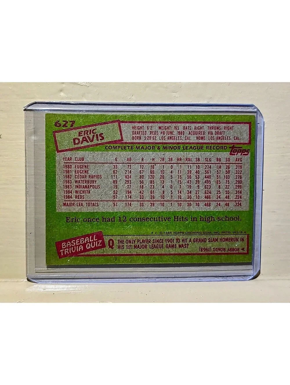 Eric Davis 1985 Topps MLB #627 Baseball Card Cincinnati Reds